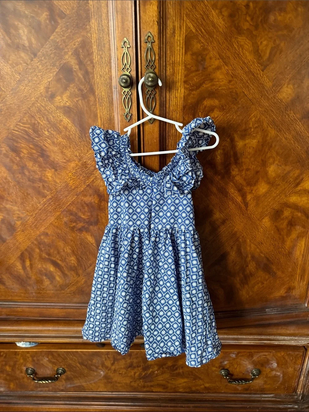 btween Navy Blue and White Floral Ruffle Dress for Girls size 5